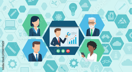 Diverse team engaging in virtual conference for business collaboration remotely