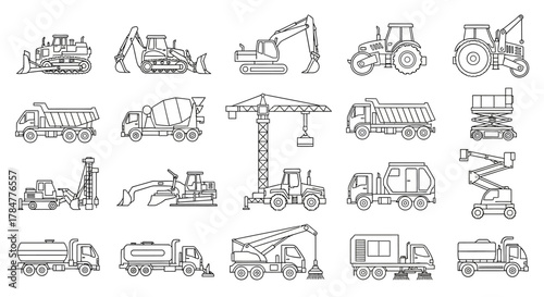 Collection of construction vehicles and equipment illustrations in black and white