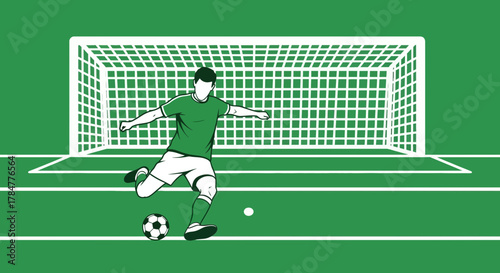 Dynamic vector illustration of a soccer player kicking a ball towards the goal post in vibrant
