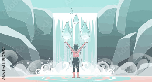 Enchanting scene of a woman in a raincoat under a whimsical waterfall with oversized raindrops