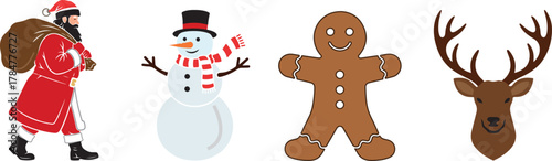Christmas Characters Vector Set Santa, Snowman, Gingerbread Man, and Reindeer Head