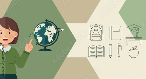 Female teacher with a globe and school supplies for geography class illustration