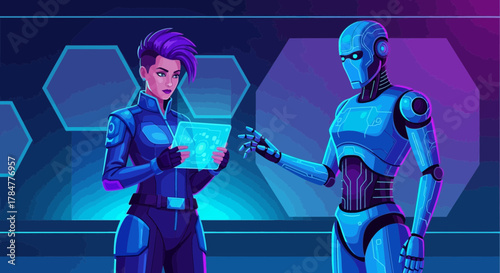 Futuristic collaboration between human and robot in a digital world featuring advanced technology