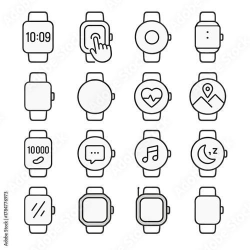 Smartwatch flat icon set. featuring time, touch, health, fitness, chat, music, navigation, sleep, and weather symbols