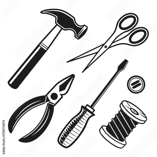 Collection of black and white icons of common tools and sewing supplies