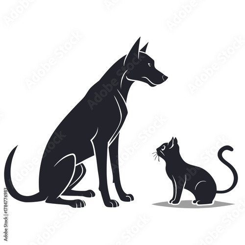 Stylized black silhouette of a dog and a cat facing each other