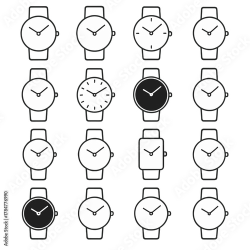 Watch silhouette icon set. featuring traditional, modern, digital, analog, classic, wristwatch, and time symbols