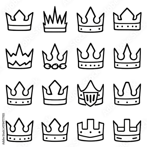 Crown linear icon set. featuring king, queen, royal, tiara, imperial, medieval, luxury, vintage, and ornate symbols