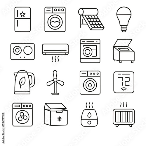Home appliance linear icon set. featuring fridge, washer, solar panel, bulb, stove, ac, washer, oven, kettle, fan, thermostat, freezer, humidifier, heater