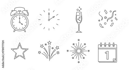 Hand drawn collection of New Year celebration outline icons.