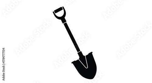 A simple black silhouette of a garden shovel with a d shaped handle against a clean white background