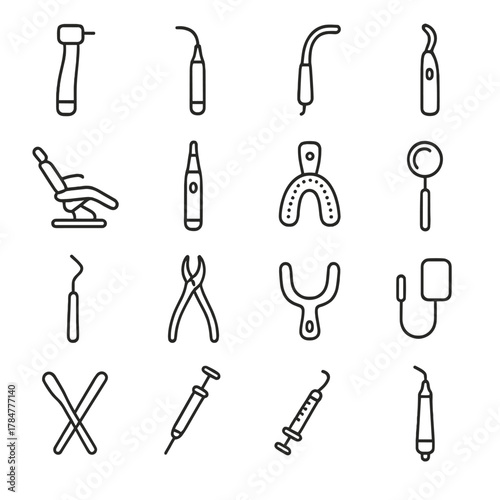 Dental tools linear icon set. featuring drill, scaler, mirror, syringe, dental chair, and probe symbols