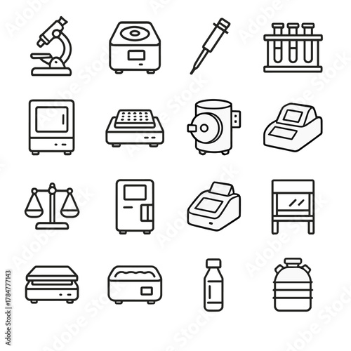 Laboratory equipment linear icon set. featuring microscope, centrifuge, pipette, test tubes, scales
