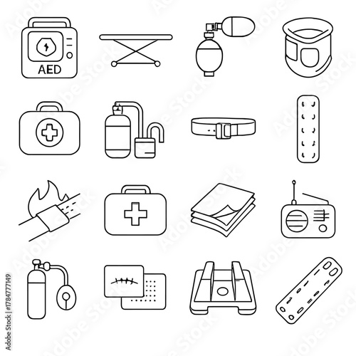 Healthcare linear icon set. featuring aed, stretcher, inhaler, safety mask, first aid, fire extinguisher, bandage, radio