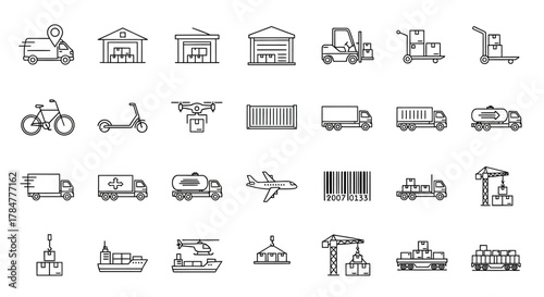 Collection of simple line icons depicting various modes of transportation and industrial vehicles on a white background.