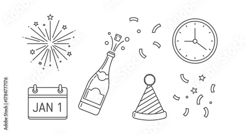Hand drawn collection of New Years Eve celebration icons.