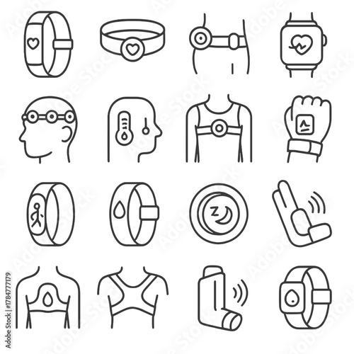 Health and fitness linear icon set. featuring smartwatch, heartbeat, pedometer, fitness band, and health tracker symbols