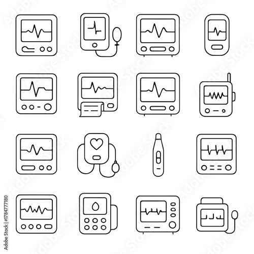 Medical device linear icon set. featuring ecg, blood pressure monitor, thermometer, and pulse oximeter icons