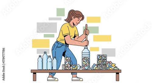 Illustration depicting a woman compacting plastic waste in bottles for recycling program