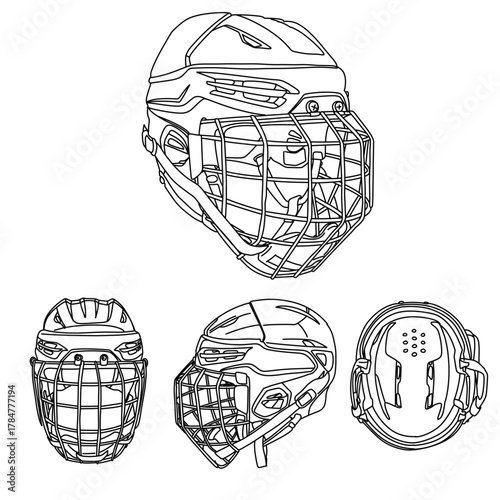 Hockey Helmet Line Art - Protective Gear for Ice Sports vector illustration on various view
