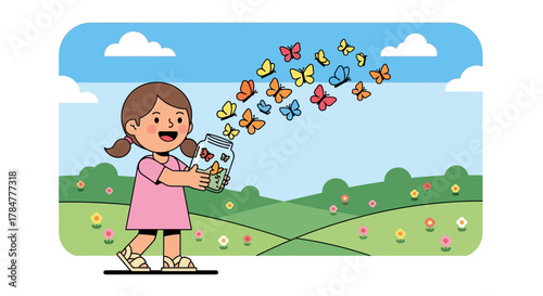 Illustration of a girl releasing butterflies from a jar in a beautiful nature landscape with