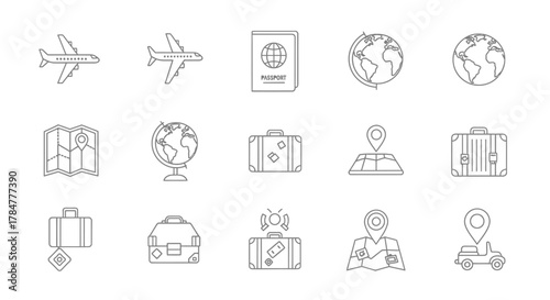 Hand drawn travel and tourism line art icon collection.