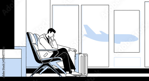 Illustration of a thoughtful man waiting at the airport with luggage and a plane silhouette shown