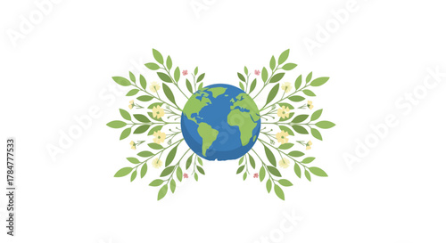 A vibrant illustration of planet earth embraced by lush green leaves and delicate flowers symbolizing nature and environmental care