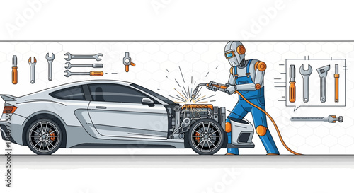 Illustration of a robot welding a car engine symbolizing automation in automotive industry