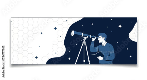 Man observing stars with a telescope, exploration of the cosmos and scientific investigation,