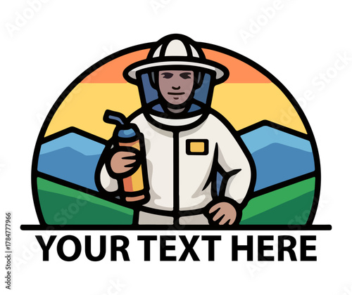 Beekeeper Logo Vector Illustration – Professional Apiarist in Protective Suit Holding Smoker with Mountain Landscape Background, Honey Farm Branding Design Template