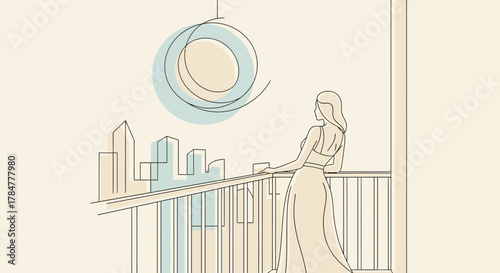 Minimalist line art of a woman on a balcony gazing at the city skyline at sunset
