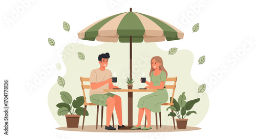 Romantic date at outdoor cafe illustration with couple enjoying coffee in a lush green setting
