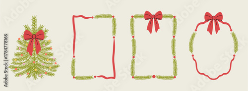 Vintage retro Christmas frame set: fir branches, ribbons, bows, Xmas tree with big bow, color confetti for season greetings, sales, print, ads, posters, invitations, and holiday cards.Vector line art.