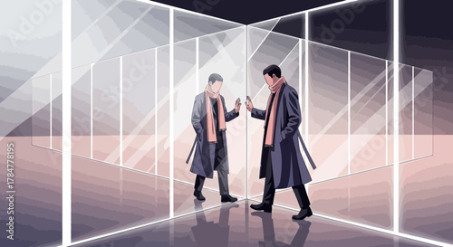 Stylish reflection: Man in coat and scarf contemplating life in mirrored room ambiance
