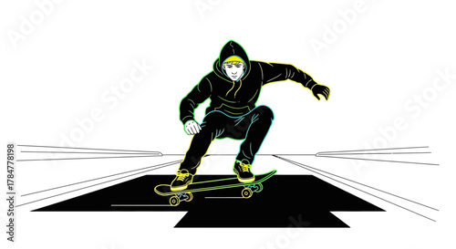 Stylish vector illustration of a skateboarder in a hoodie performing a trick