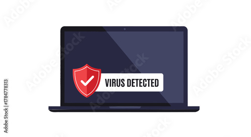 Laptop computer screen displays a red shield with a white checkmark and the text virus detected indicating a cybersecurity threat
