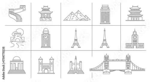 Iconic Landmarks Around the World Depicted in Simple Line Drawings.