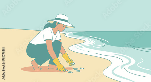 Woman cleaning up trash on the beach promoting environmental awareness and protection of the ocean