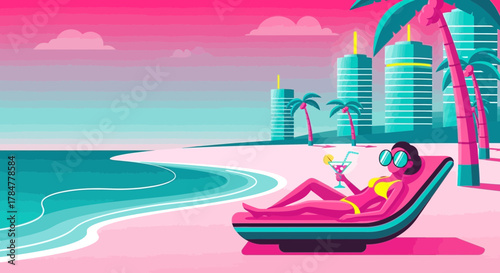 Vibrant tropical beach scene with a woman relaxing on a lounger and enjoying a cocktail