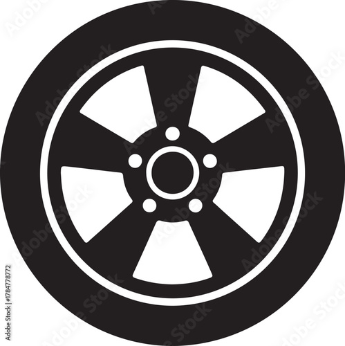Black and white car wheel icon with tire and five-spoke rim for automotive and transport design needs