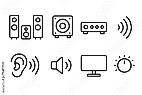 Audio equipment silhouette icon set. featuring speakers, subwoofer, soundbar, volume, ear, speaker, display, knob
