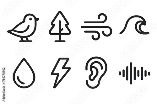 Nature elements silhouette icon set. featuring bird, tree, wind, wave, water drop, lightning, ear, sound wave