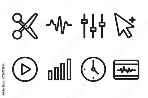 Multimedia tools silhouette icon set. featuring scissors, sound, settings, cursor, play, bars, clock, and video