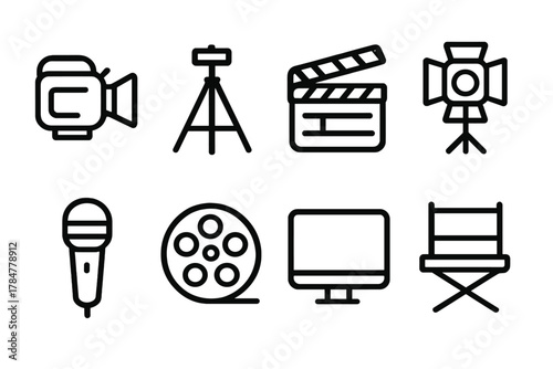 Film production linear icon set. featuring camera, tripod, clapperboard, light, microphone, reel, monitor, director's chair