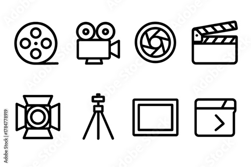 Cinema equipment linear icon set. featuring film reel, camera, lens, clapperboard, studio light, tripod, frame, director's cut symbols
