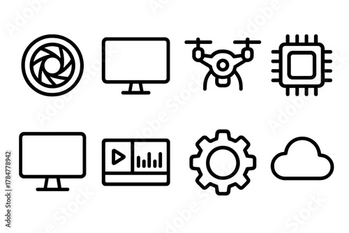 Technology linear icon set. featuring camera, monitor, drone, microchip, video, gear, and cloud symbols