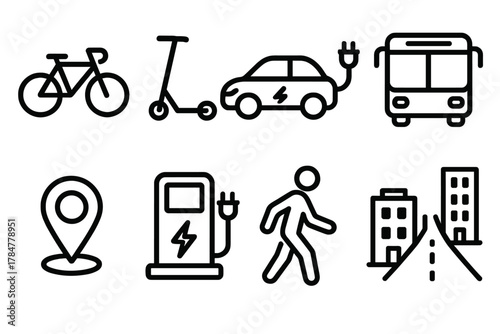 Urban mobility silhouette icons set. bicycle, scooter, car, bus, location, charging station, pedestrian, buildings, road