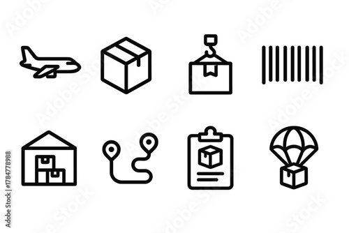 Delivery and logistics linear icon set. featuring airplane, package, barcode, warehouse, route, checklist, and parachute symbols
