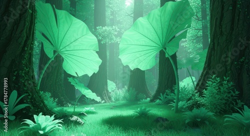 Enchanted Forest Pathway Bathed in Ethereal Green Light, Featuring Majestic Giant Tropical Foliage and Towering Ancient Trees, Creating a Mystical and Serene Dreamscape